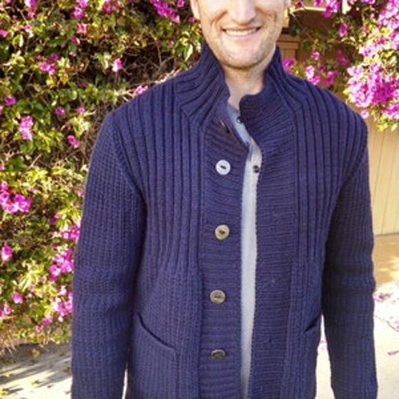 Mens chunky knit Patchwork mock neck cardigan sweater Navy button up 100% cotton - Picture 1 of 12